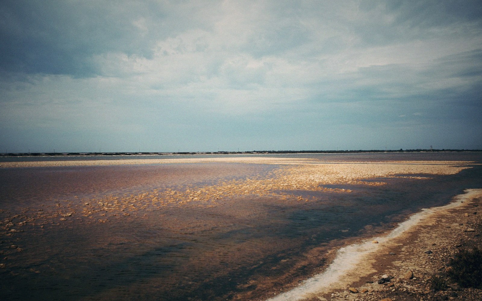 A wide salt flat stretching to a flat horizon under a pale overcast sky, no structures or people visible